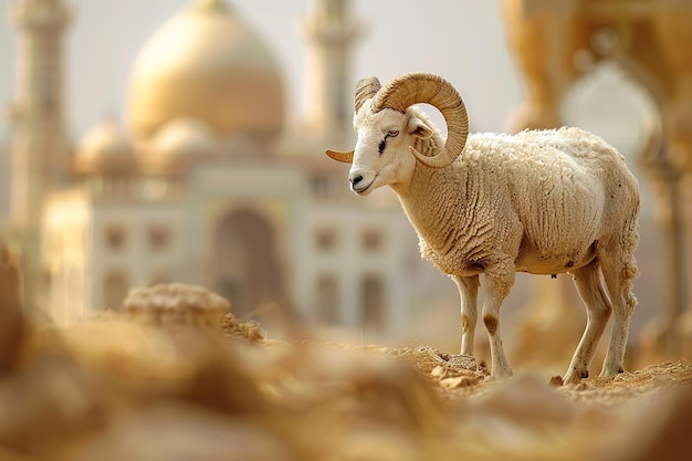 Un majestuoso carnero se encuentra frente a un telón de fondo borroso de la mezquita que simboliza el sacrificio