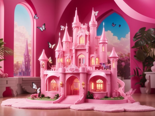Un majestuoso castillo de Barbie en un color rosa vibrante con una nube rosa claro en el fondo