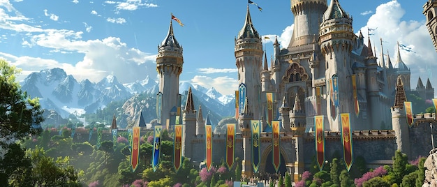 "Un majestuoso castillo de cuentos de hadas con coloridos estandartes y torres"