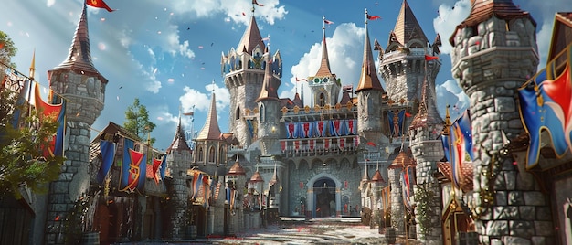 "Un majestuoso castillo de cuentos de hadas con coloridos estandartes y torres"