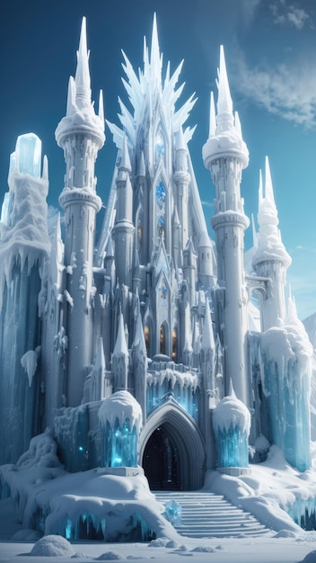 Foto majestuoso castillo de hielo con torres altísimas y intrincados patrones de helada