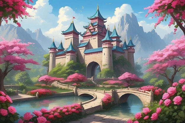 El majestuoso castillo rodeado de jardines de rosas de China Pintura digital