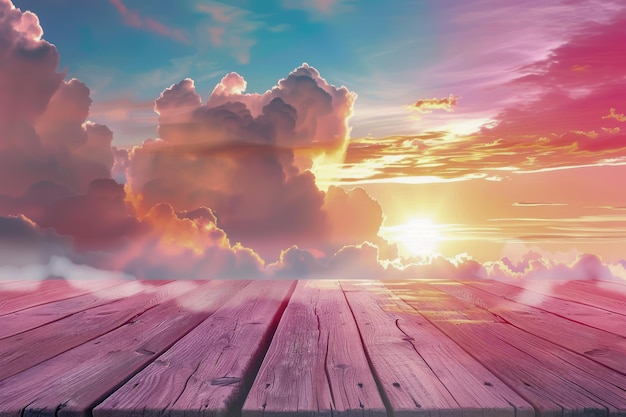 El majestuoso cielo al atardecer sobre el paseo marítimo de tablas de madera con nubes etéreas y colores vibrantes de la noche