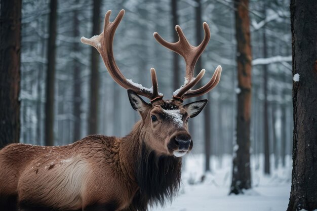 Un majestuoso ciervo en un bosque nevado de invierno