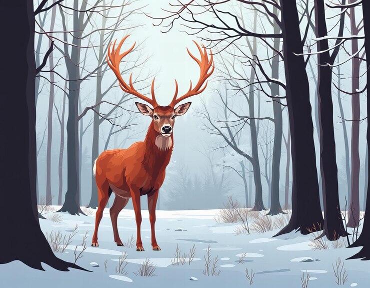 Un majestuoso ciervo rojo con impresionantes cuernos de pie en un barranco cubierto de nieve de un bosque inglés