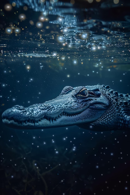 Foto el majestuoso cocodrilo sumergido en el agua bajo el cielo estrellado nocturno el reptil salvaje en su hábitat natural