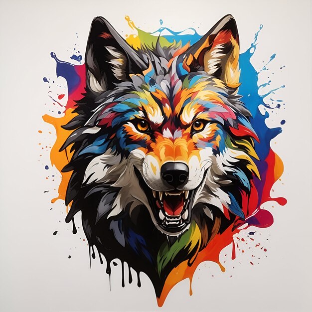 Un majestuoso y colorido logo de mascota de cabeza de lobo con diseño de salpicadura