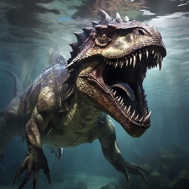 Foto el majestuoso dinosaurio nada bajo el agua mostrando dientes afilados y agresividad.