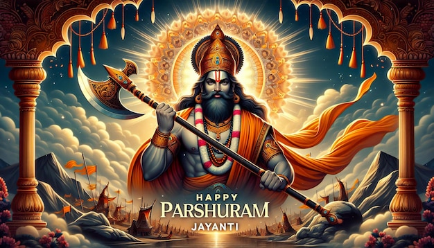 El majestuoso y divino póster de Lord Parshuram sosteniendo un hacha para el Festival Indio de Parshuram Jayanti