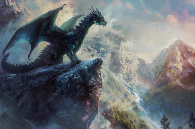 Un majestuoso dragón con las alas extendidas se alza en un acantilado rocoso