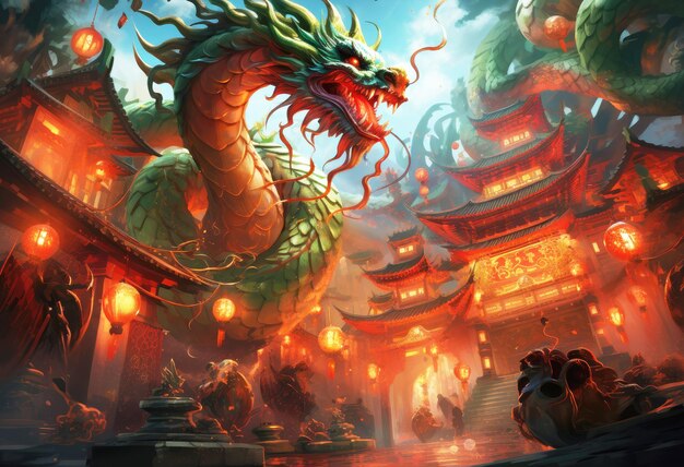 Foto un majestuoso dragón verde un símbolo del año nuevo chino en una ciudad china casas cielo y festivos linternas rojas fondo en un estilo de fantasía feliz concepto de vacaciones