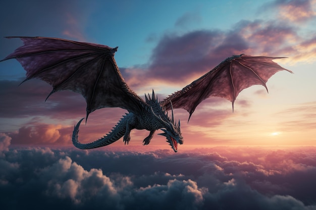 El majestuoso dragón volando a través del cielo del crepúsculo AI generativa