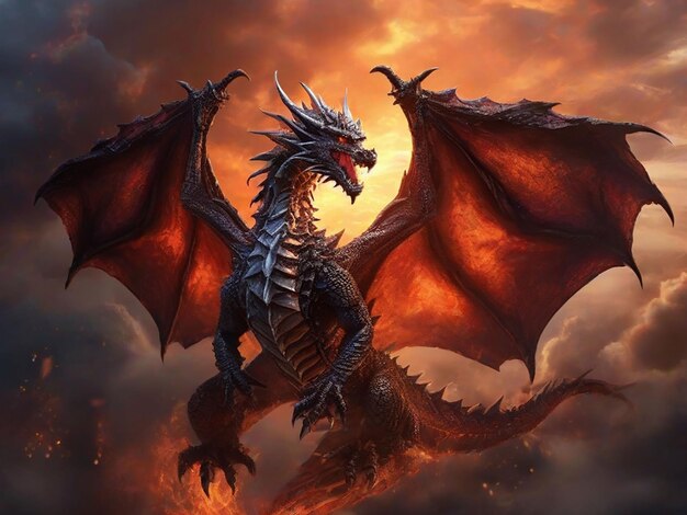 Foto un majestuoso dragón volando a través de un cielo de fuego sus escamas brillando en la luz del sol y sus alas extendidas en vuelo