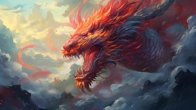 El majestuoso dragón volando a través de los cielos nublados