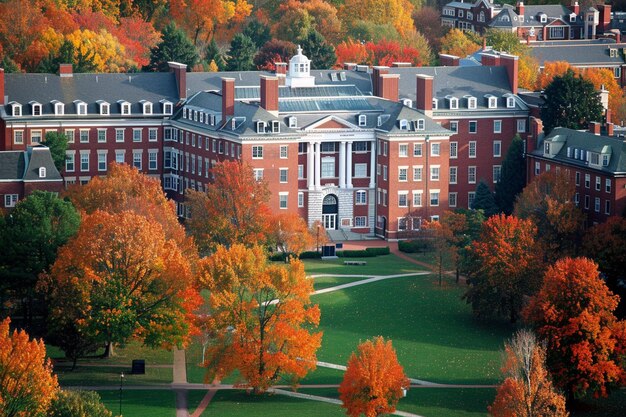 Un majestuoso edificio universitario enclavado entre los árboles de otoño