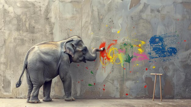 Un majestuoso elefante se alza con su trompa pintando elegantemente una vibrante salpicadura de colores a través de un vasto lienzo de hormigón