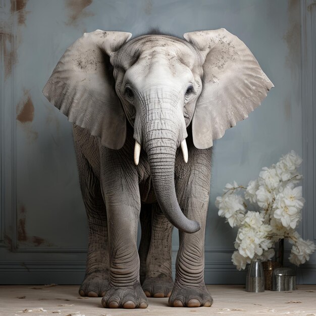 El majestuoso elefante en un paisaje gris pastel