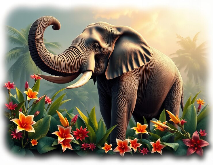 Un majestuoso elefante con su trompa levantada en el aire rodeado de flores tropicales