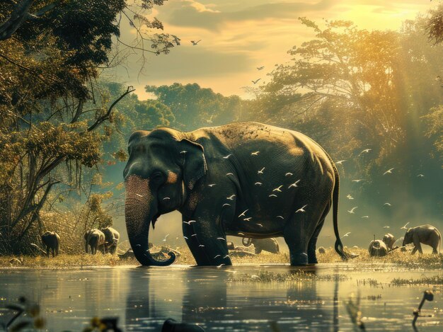 El majestuoso elefante vadeando en aguas serenas al anochecer Se ve a un elefante solitario vadeando a través de aguas tranquilas rodeado de una manada con un fondo cálido iluminado por el sol que crea una atmósfera de paz