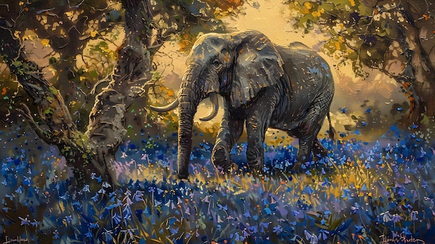 El majestuoso elefante vaga por el prado de Bluebell bajo la brillante luz del sol