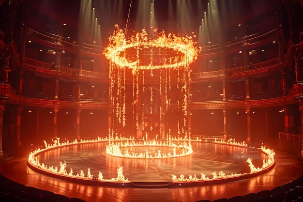 Majestuoso espectáculo de fuego en un escenario circular con llamas dinámicas y un elegante ambiente teatral