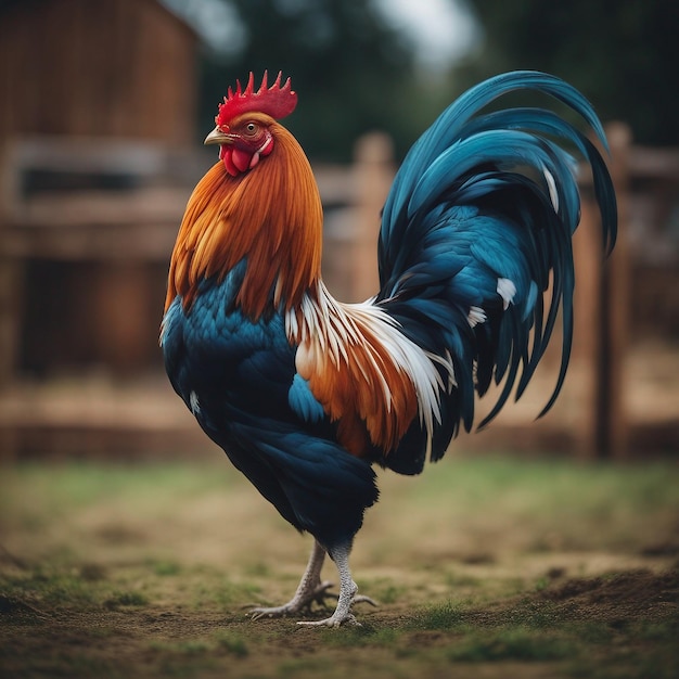 El majestuoso gallo de pie en una granja mostrando sus vibrantes plumas