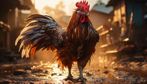 Majestuoso gallo de pie mirando a la cámara que simboliza la libertad generada por la inteligencia artificial