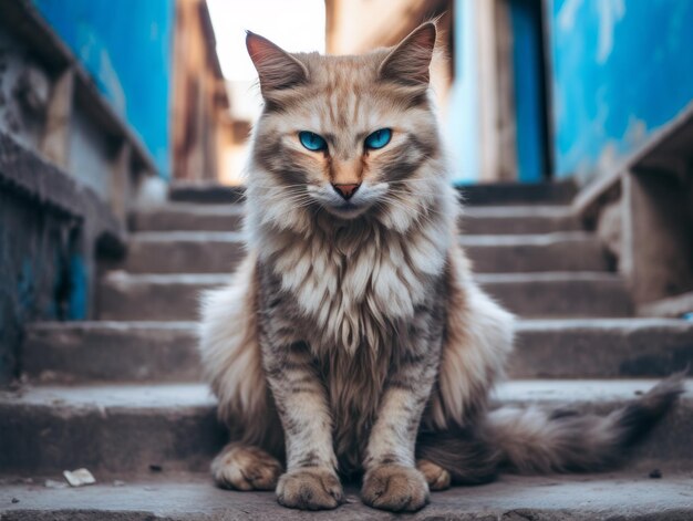 majestuoso gato con llamativos ojos azules sentado majestuosamente en una escalera