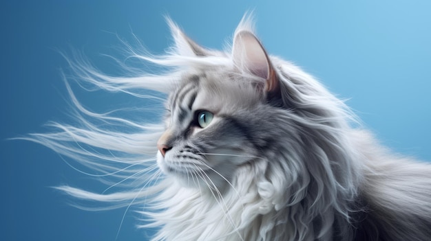 Un majestuoso gato de pelo largo que mira con asombro y curiosidad.