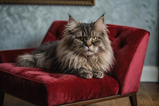 El majestuoso gato de pelo largo en una silla de terciopelo