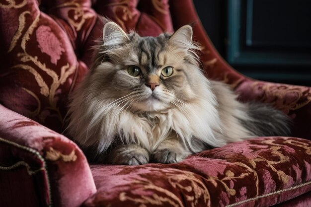 El majestuoso gato de pelo largo en una silla de terciopelo