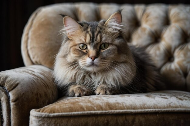 Foto el majestuoso gato de pelo largo en una silla de terciopelo