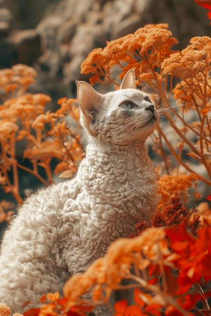 Foto un majestuoso gato de pelo rizado admira la naturaleza rodeado de vibrantes flores de naranja en un ambiente sereno