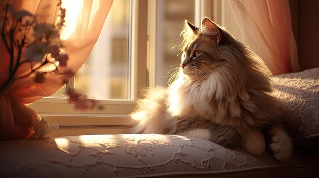 Un majestuoso gato posado en un alféizar de la ventana iluminado por el sol