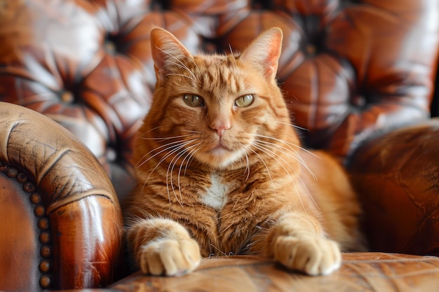 El majestuoso gato tabby naranja descansando en un sofá Chesterfield de cuero vintage