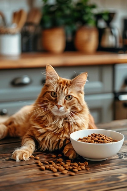 Foto un majestuoso gato tabby naranja tendido junto a un cuenco de comida para gatos