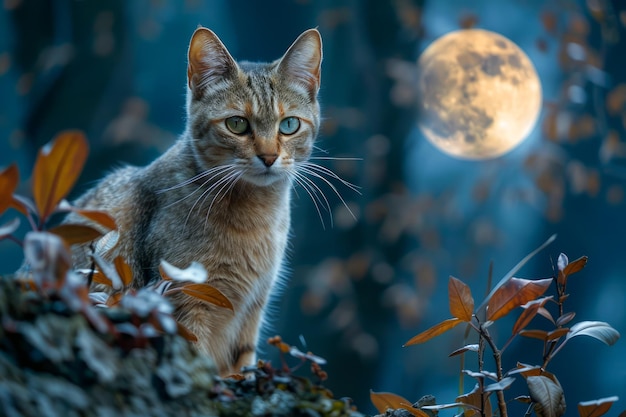 El majestuoso gato Tabby sentado bajo la luna llena en una noche clara rodeado de hojas de otoño