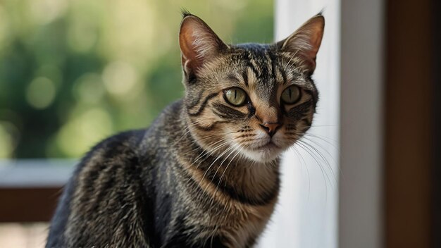 Un majestuoso gato tabby se sienta en una acera tomando el sol con ojos llamativos y una expresión serena