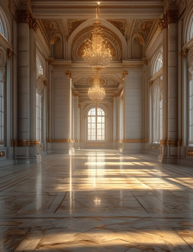 El majestuoso Gran Salón con luz dorada que llena el espacio reflejándose en las paredes blancas de la mejor calidad