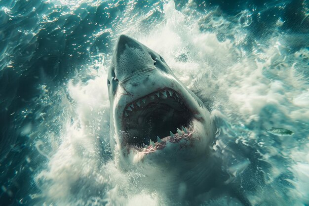 Foto el majestuoso gran tiburón blanco capturado bajo el agua con los rayos del sol filtrándose a través del océano