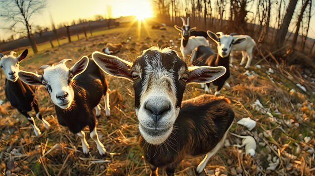 Un majestuoso grupo de cabras está en armonía, cada una observando con curiosidad su entorno