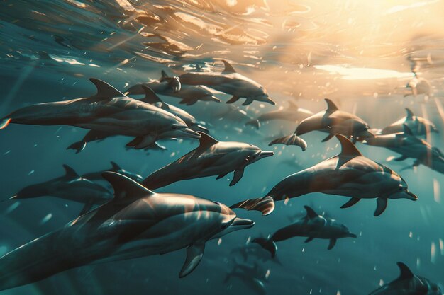 Un majestuoso grupo de delfines nadando en el océano