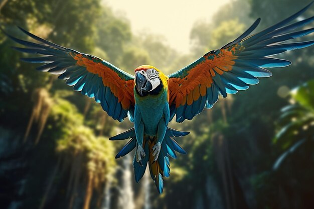 Foto el majestuoso guacamayo en vuelo a través de un denso generativo ai