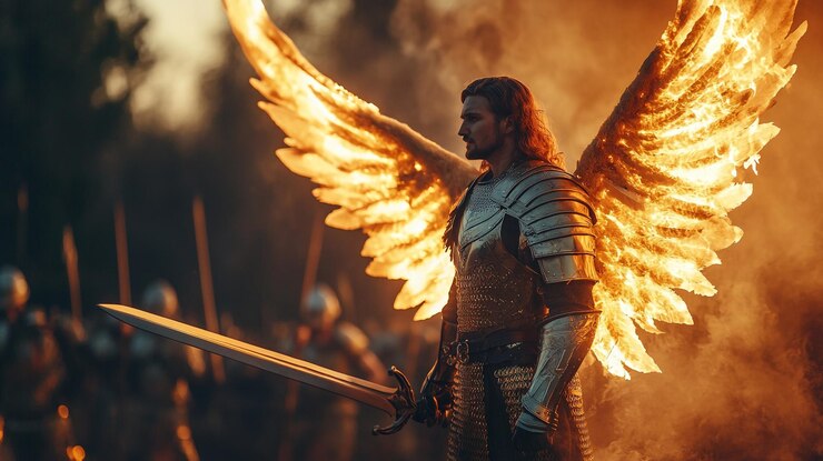 El majestuoso guerrero con alas de fuego está listo para la batalla al anochecer.