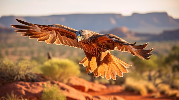 Un majestuoso halcón Harris sobrevolando el árido paisaje desértico