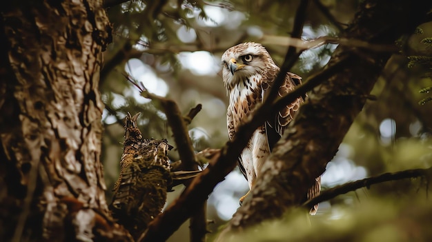 Un majestuoso halcón posado en una rama de un árbol sus ojos afilados escaneando el suelo por debajo de la presa