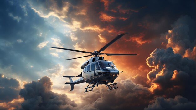 Un majestuoso helicóptero volando a través de un dramático cielo nublado capturando la esencia de la libertad y un