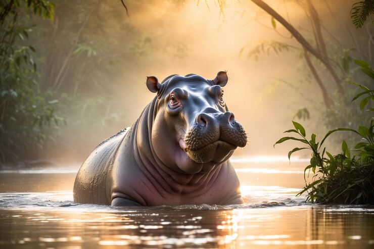 Un majestuoso hipopótamo emergiendo de las aguas brumosas de un río de la selva al amanecer con una luz suave filtrándose a través de los árboles