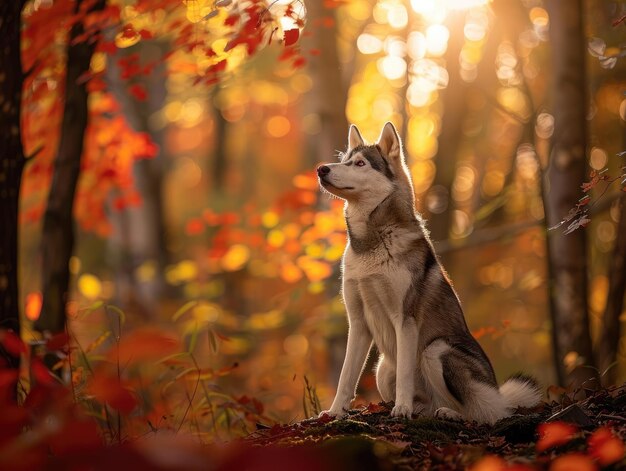 El majestuoso Husky siberiano se sienta con gracia en el denso bosque