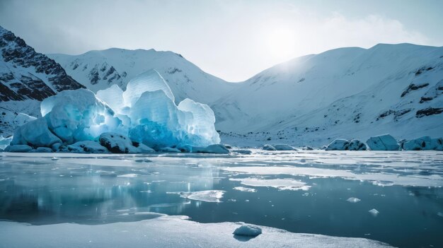 Un majestuoso iceberg flotando en un lago rodeado de montañas cubiertas de nieve